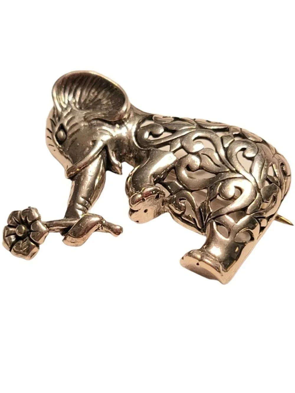 Jezlaine Sterling Silver Scrolled Elephant With Flower Pin Brooch, Signed